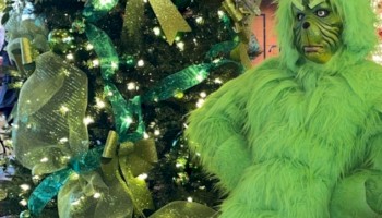 A festive Christmas tree adorned with green ribbons and a person in a green costume stand next to it, posing indoors.