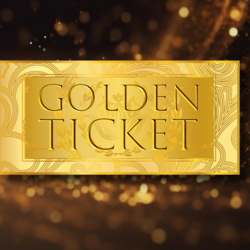 The image shows a golden ticket with decorative patterns and the words 