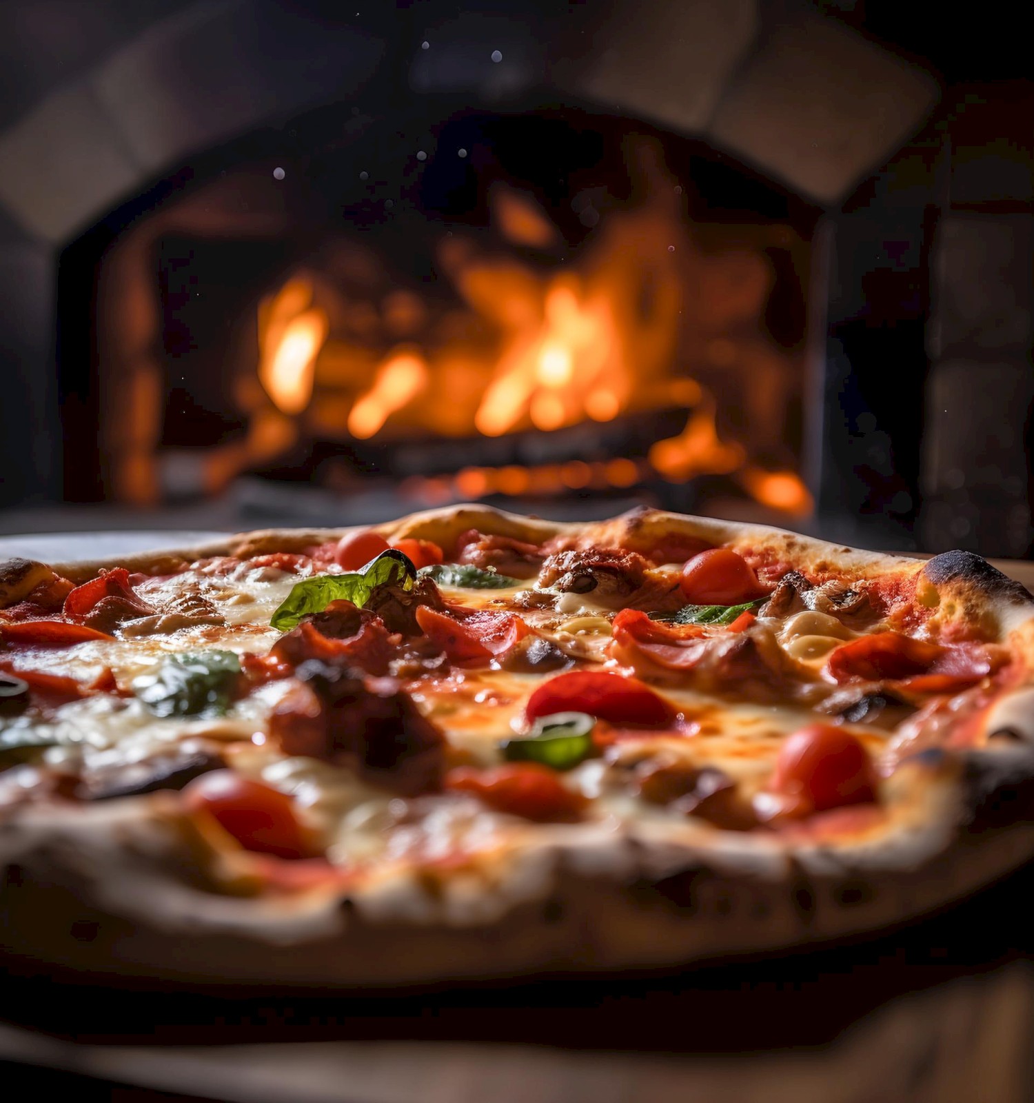 A delicious pizza topped with pepperoni and vegetables, placed in front of a warmly glowing, rustic stone oven fire.