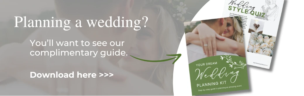 Image promoting a complimentary wedding planning guide with "Download here >>>" text and a couple in the background.