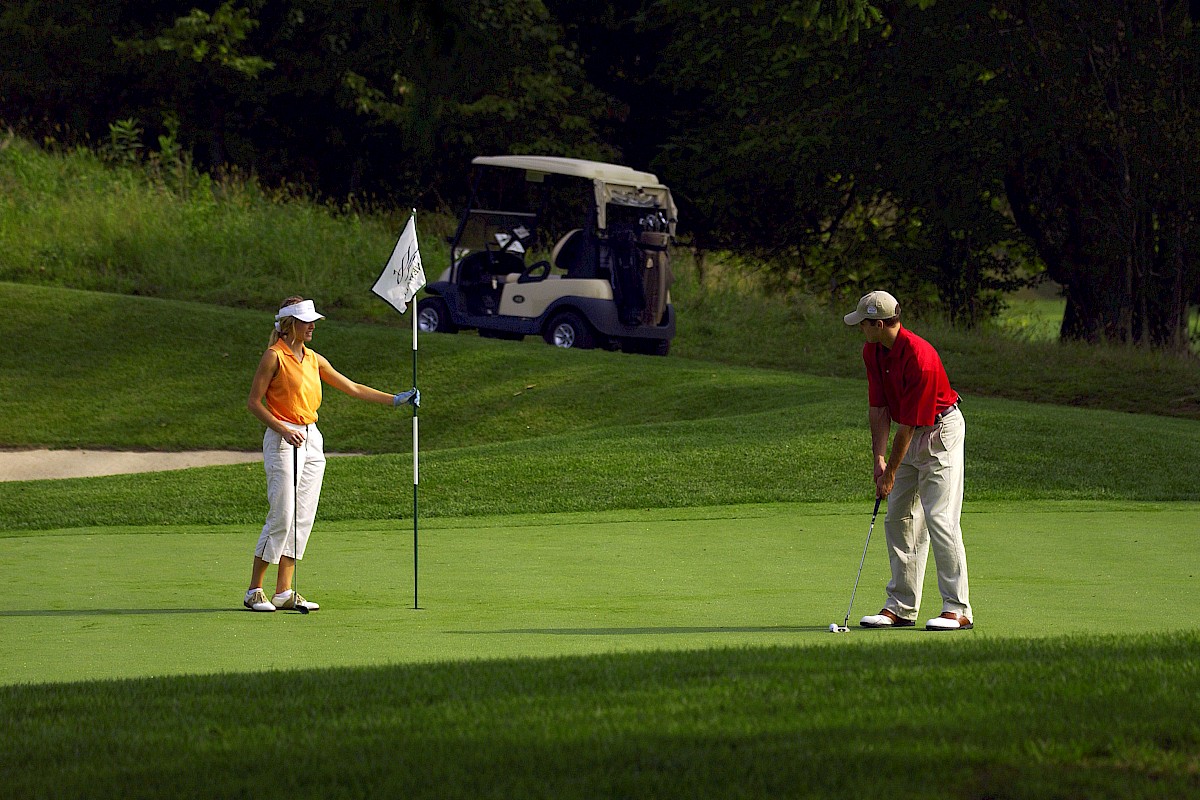Two people are golfing on a green with a cart in the background.