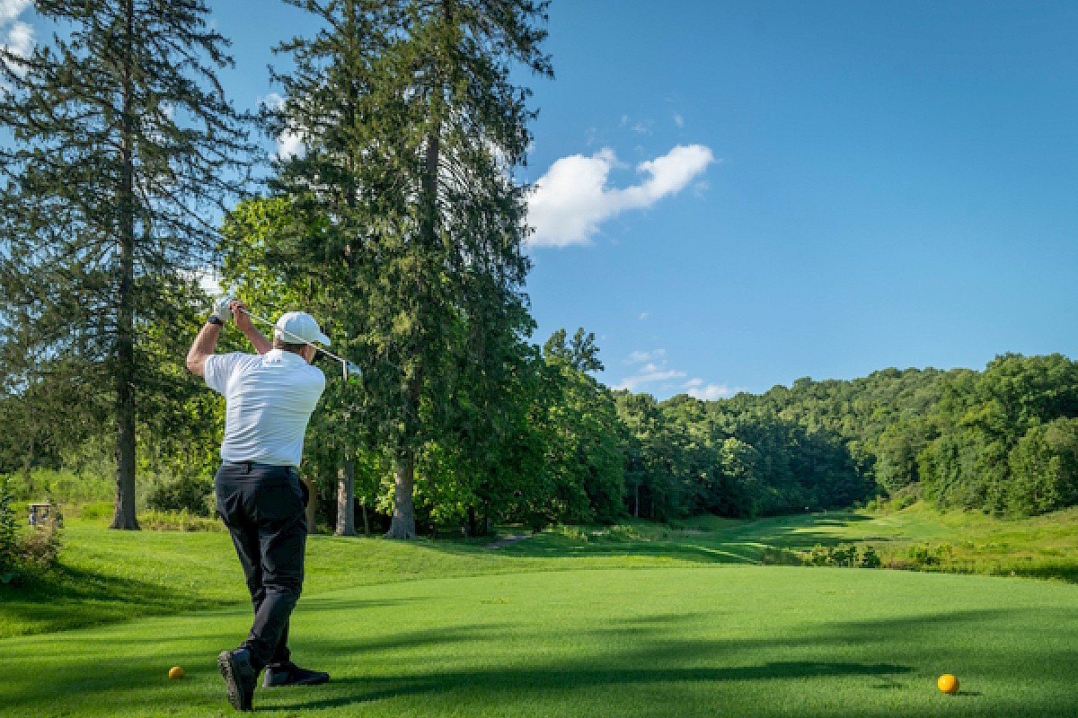 A golfer in white prepares to swing on a lush, green golf course under a bright blue sky with trees and hills in the background.