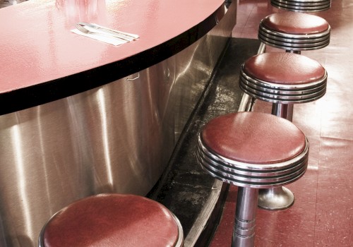The image shows a retro diner counter with red stools and a checkered wall pattern, evoking a classic vintage American diner vibe.