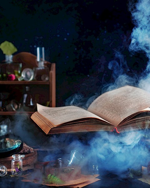 An open book floats surrounded by smoke, with potions and mysterious objects on a table, resembling a magical scene.