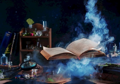 An open book floats surrounded by smoke, with potions and mysterious objects on a table, resembling a magical scene.