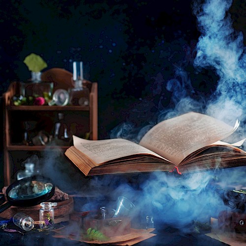 An open book floats surrounded by smoke, with potions and mysterious objects on a table, resembling a magical scene.