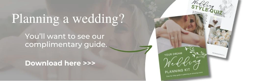 Promotional image for a wedding planning guide with a "Download here" button and a couple embracing in the background.