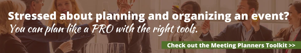 A group of people toasting, promoting a Meeting Planners Toolkit with text suggesting pro planning tools for events.