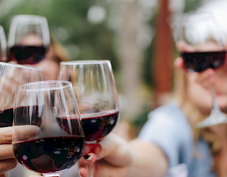 People raising glasses of red wine together in a celebratory toast.
