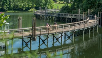 A curving wooden boardwalk crosses over a calm lake, with people walking and trees surrounding the area on a sunny day.