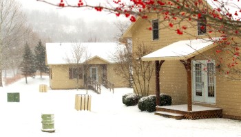 Snowy suburban scene with beige houses, a wooden porch, leafless trees, and red berries in the foreground, everything blanketed in white.